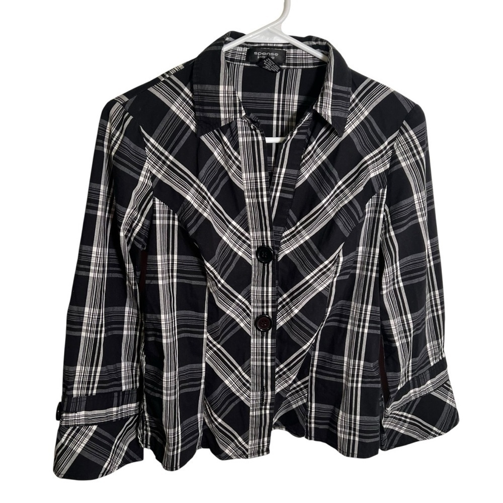 Vintage Spense Women's Size Petite Small Button Down Shirt Black White‎ Plaid
